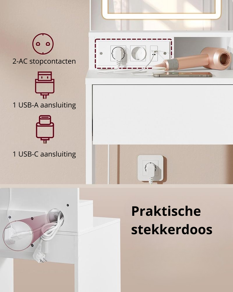 Nancy's Moliterno Kaptafel - Make Up Tafel - Met LED Spiegel - Wit - ± 40 x 80 x 130 cm