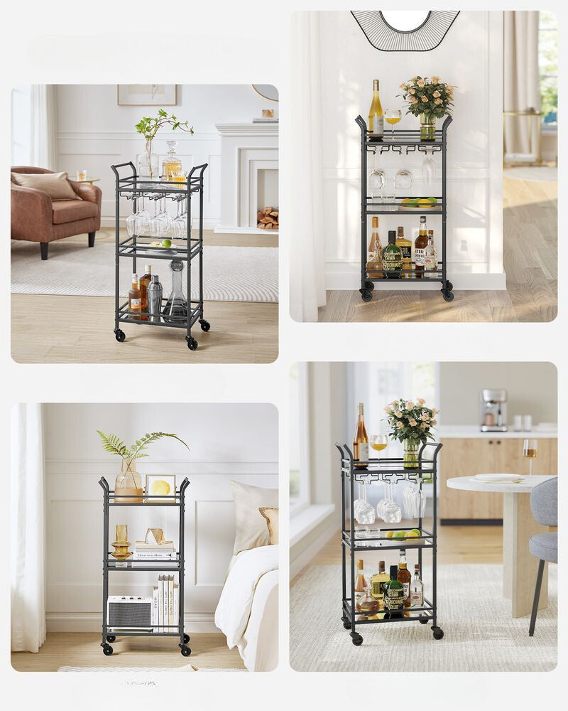 Nancy's Redcar Keukentrolley Zwart- Serveerwagen - Bartrolley - Modern - Staal - Spiegelglas - 46,8 x 30 x 92 cm
