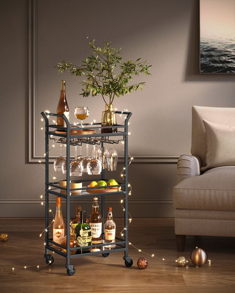 Nancy's Redcar Keukentrolley Zwart- Serveerwagen - Bartrolley - Modern - Staal - Spiegelglas - 46,8 x 30 x 92 cm