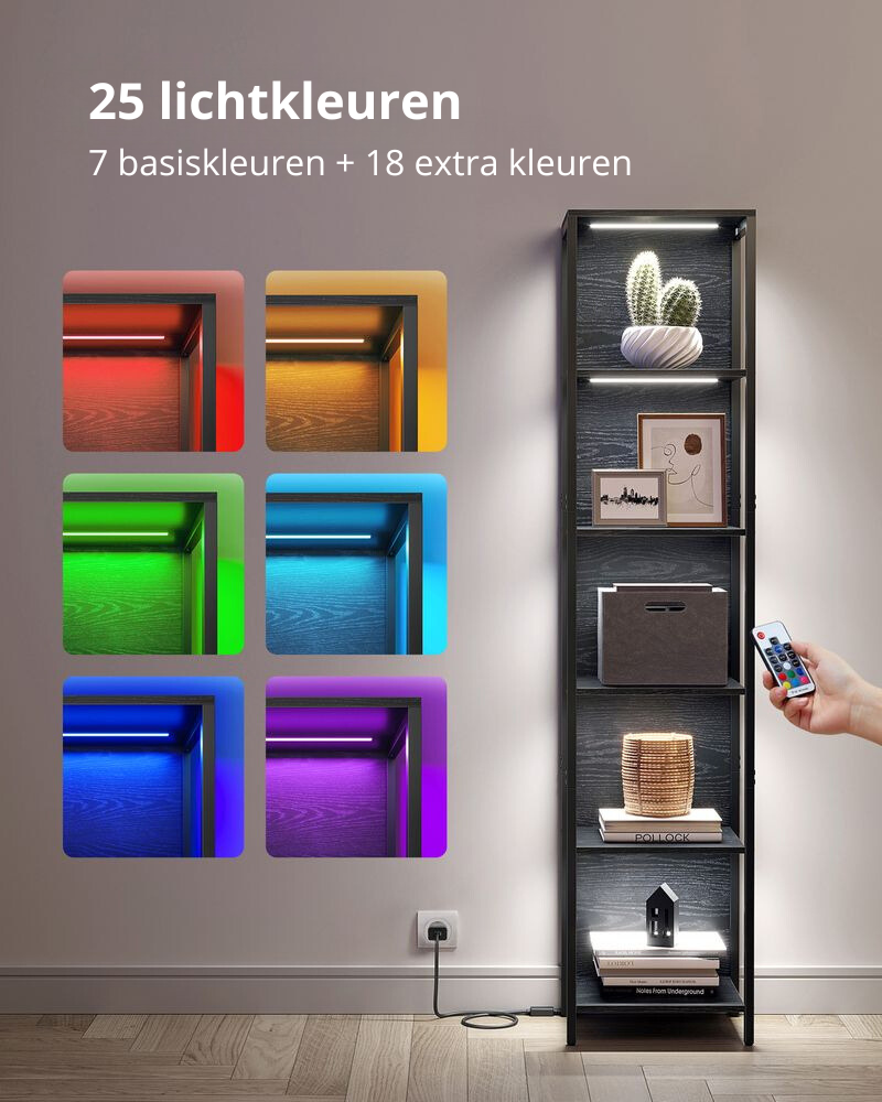 Nancy's Coruche Wandkast - Boekenkast - LED-verlichting - Zwart - ± 40 x 30 x 180 cm