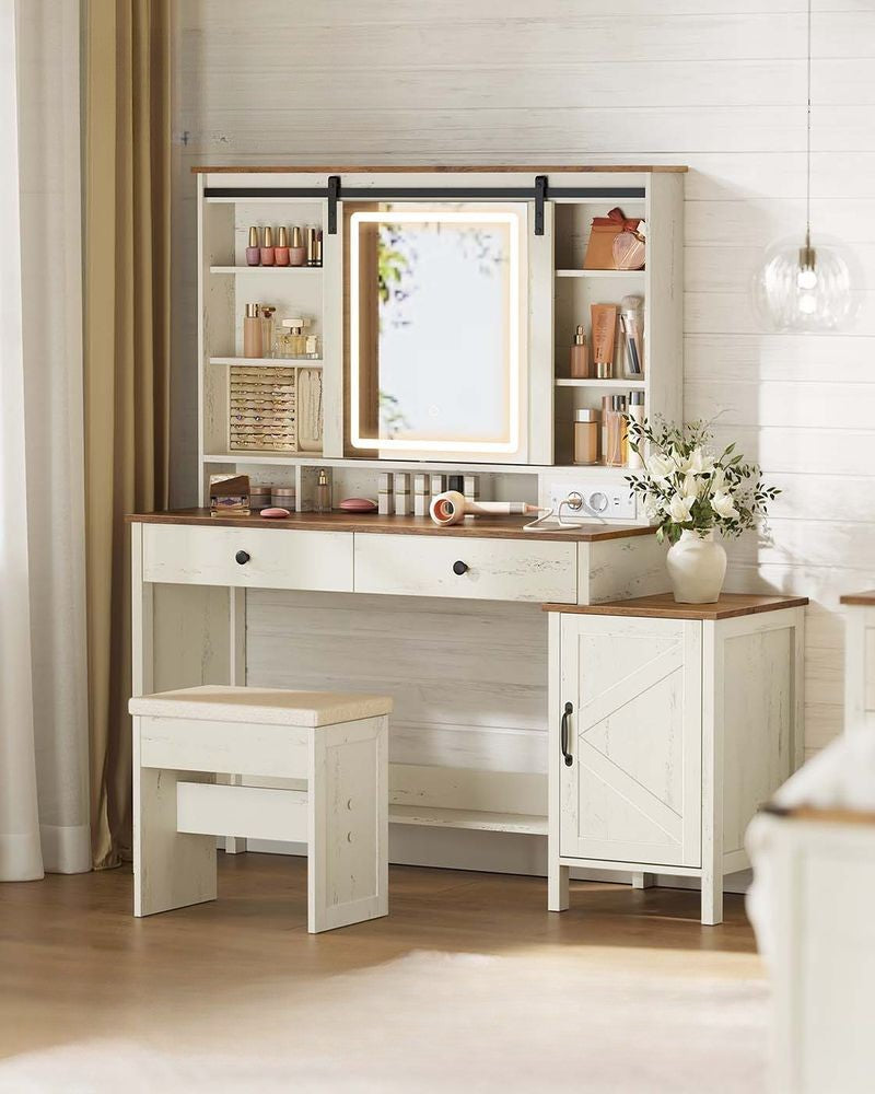 Nancy's Occhiobello Make Up Tafel met krukje - Kaptafel - Spiegel en LED Verlichting - Vintage Wit - ± 125 x 40 x 145 cm