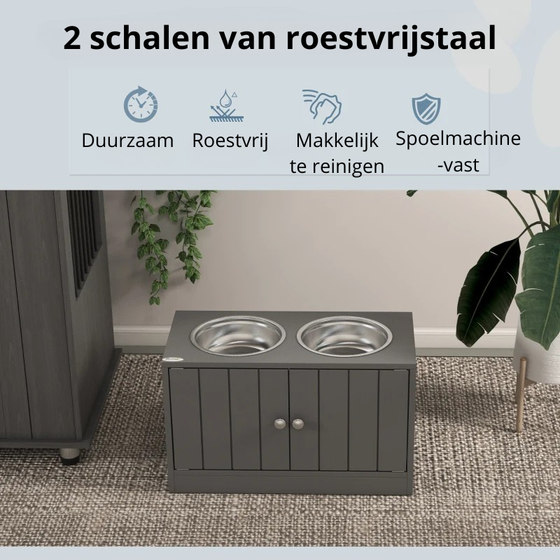 Nancy's Nichelino Voerbak voor Honden - Drinkbak - Voerstation - Met kastruimte - Grijs - ± 60 x 30 x 35 cm