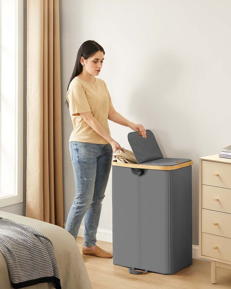 Nancy's Miazzina Wasmand - Wasbox - Wassorteerder - 2 Vakken - Grijs / Beige - 150 Liter