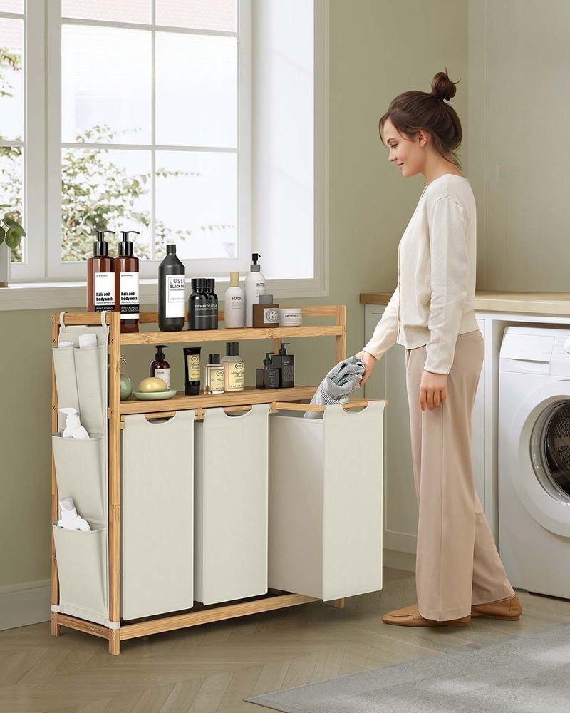 Nancy's Odolo Wasmand - Wassorteerder - Wasbox - 3 Vakken - Crèmewit - Bamboe - 150 Liter