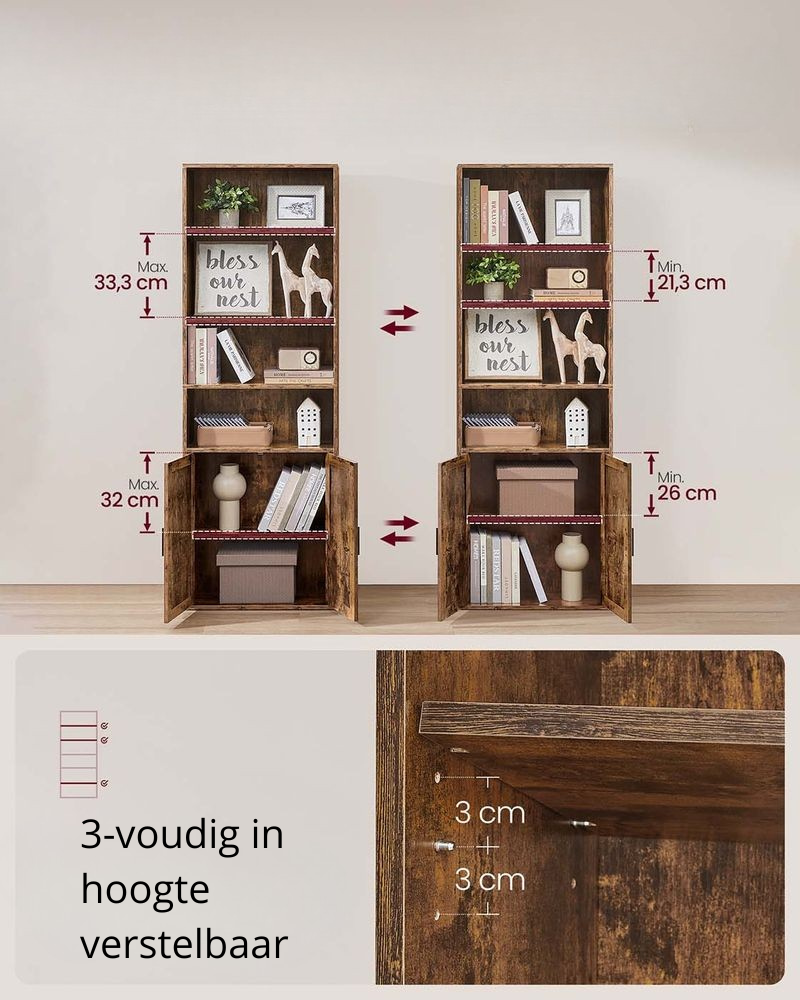 Nancy's Mestre Boekenkast - Opbergkast - Staande Kast - Vintage Bruin - ± 60 x 25 x 175 cm