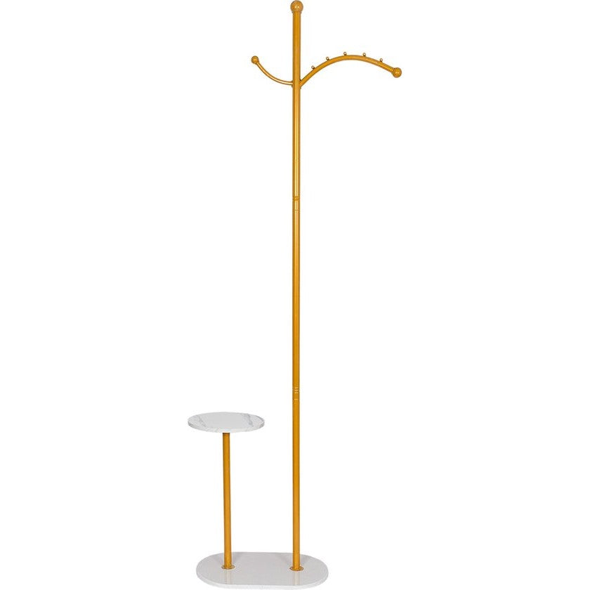 Eleganca Standing Coat Rack with Tray - Standing Coat Rack - Wardrobe Rack with Hanging Hooks - Gold - Steel - H180cm