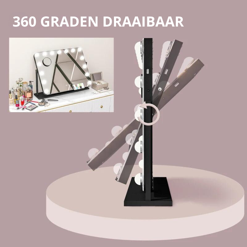 Nancy's Foladosa Make-up Spiegel - Beautyspiegel - Met LED Verlichting - Draaibaar - 10x Vergroting - Zwart - ± 60 x 50 cm