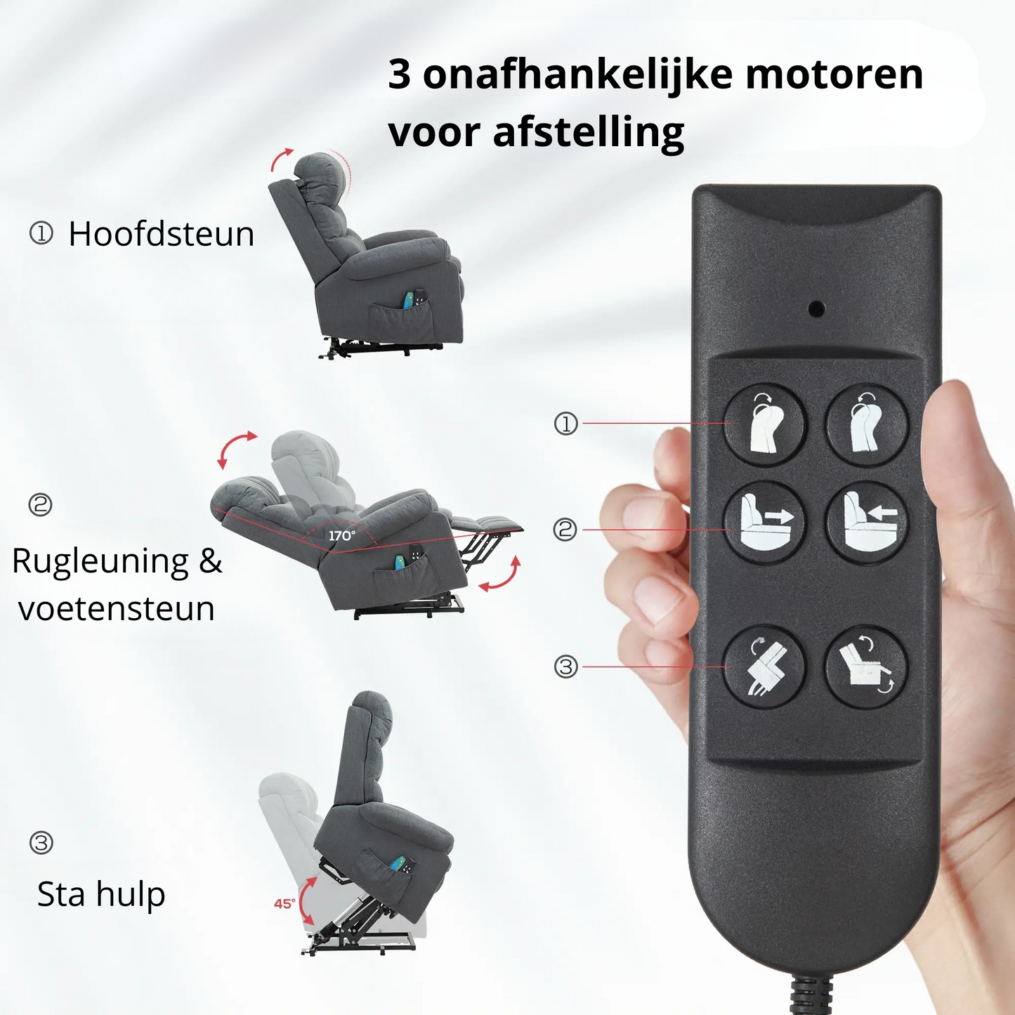 Nancy's Malgrate Sta op stoel - Seniorenstoel - Relaxfauteuil - Massagestoel - Grijs - Linnen