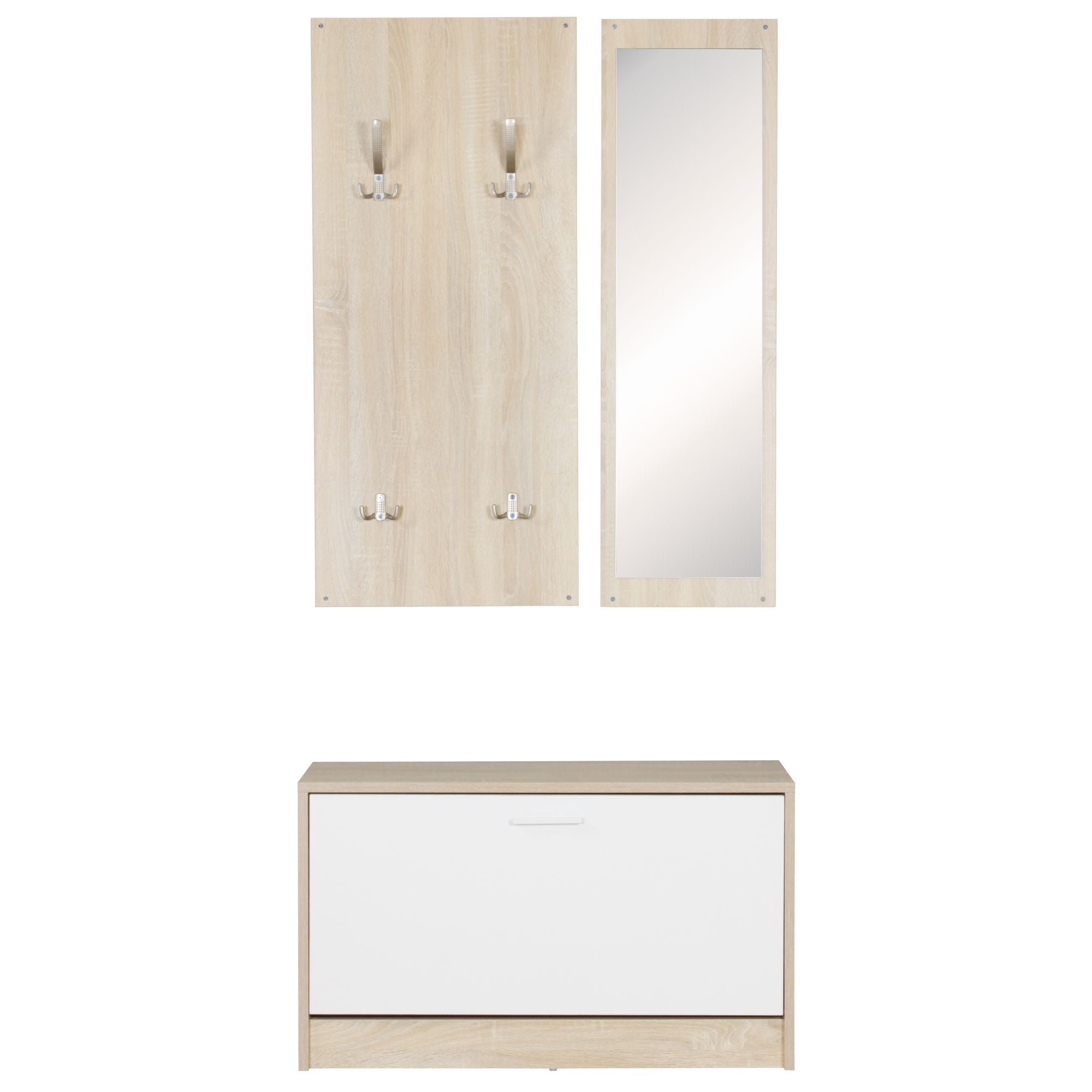 Armoire murale Oskar de Nancy - Porte-manteau mural - Meuble à chaussures - Miroir - Sonoma / Blanc