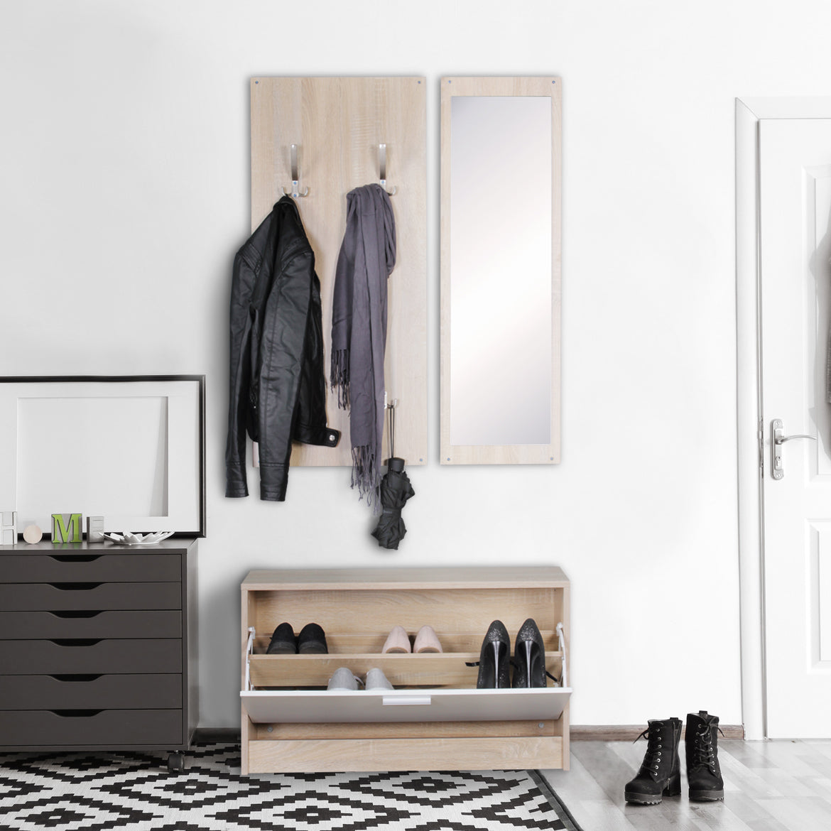 Armoire murale Oskar de Nancy - Porte-manteau mural - Meuble à chaussures - Miroir - Sonoma / Blanc