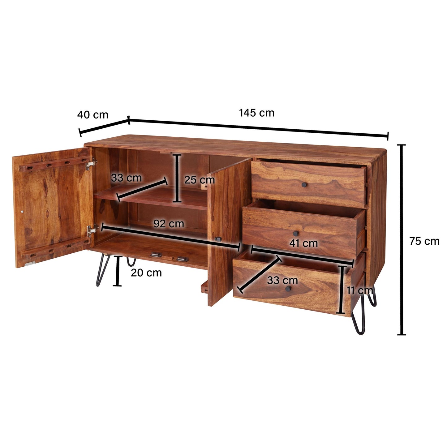 Nancy's Draya Dressoir - Opbergkast - Ladekast - Massief Sheeshamhout - 145 x 40 x 75 cm