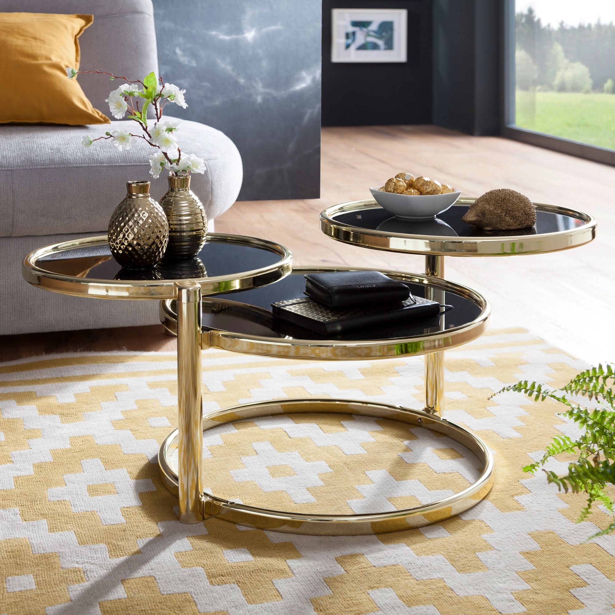 Nancy's Beaufort Salontafel - Koffietafel - Drielaags - Zwart / Goud - Glas / Staal