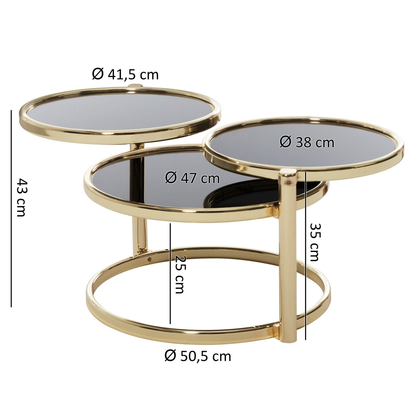 Nancy's Beaufort Salontafel - Koffietafel - Drielaags - Zwart / Goud - Glas / Staal