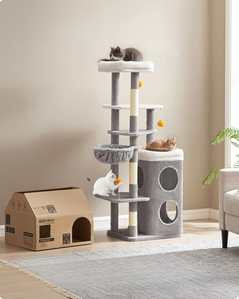 Nancy's Molveno Krabpaal - Kattenboom - Kattenbed - 2 Verdiepingen - Grijs - Pluche - ± 55 x 45 x 150 cm