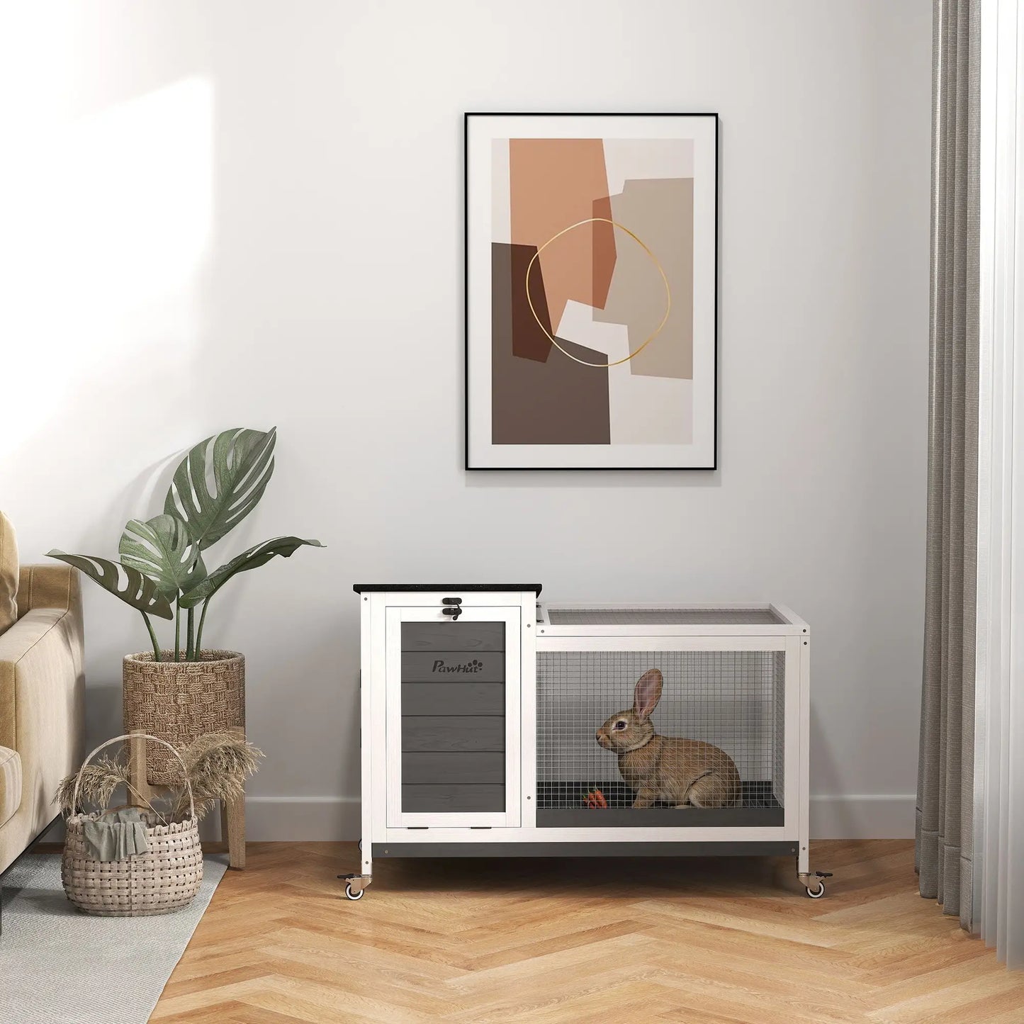 Nancy's Empoli Dierenverblijf - Konijnenhok - Grijs / Wit / Zwart - Dennenhout - ± 90 x 50 x 65 cm