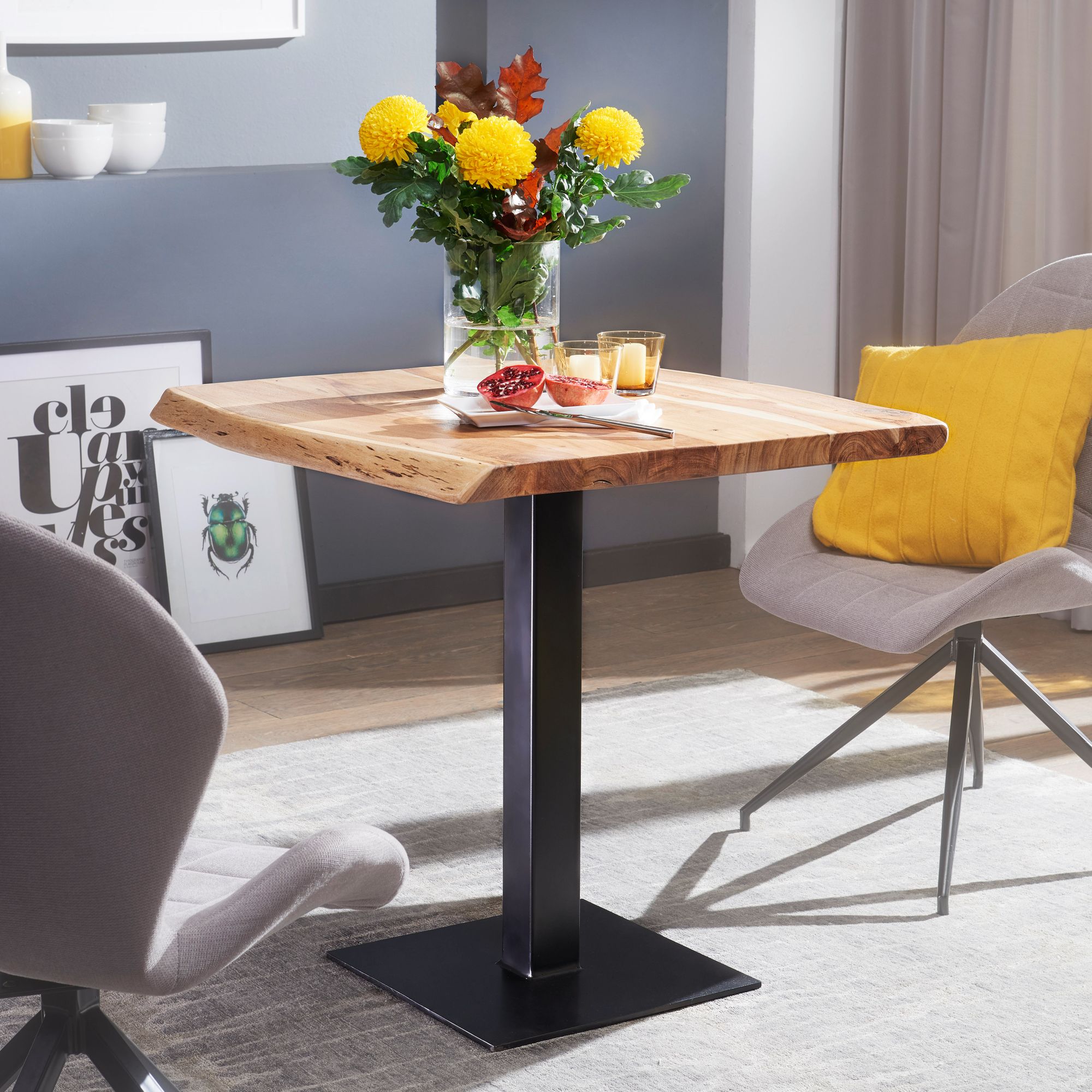 Table à manger Trunala de Nancy - Table de salle à manger - Table de cuisine - Bois d'acacia massif / Acier - 80 x 75 x 75 cm