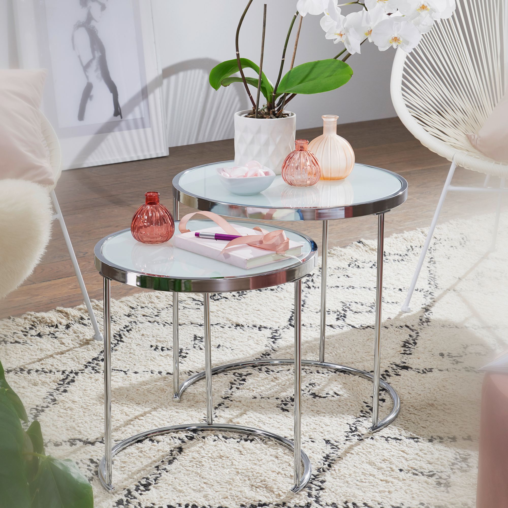 Nancy's Turquel Coffee Table Set - Side Table Set - Coffee Table - White / Silver - Tempered Glass / Steel