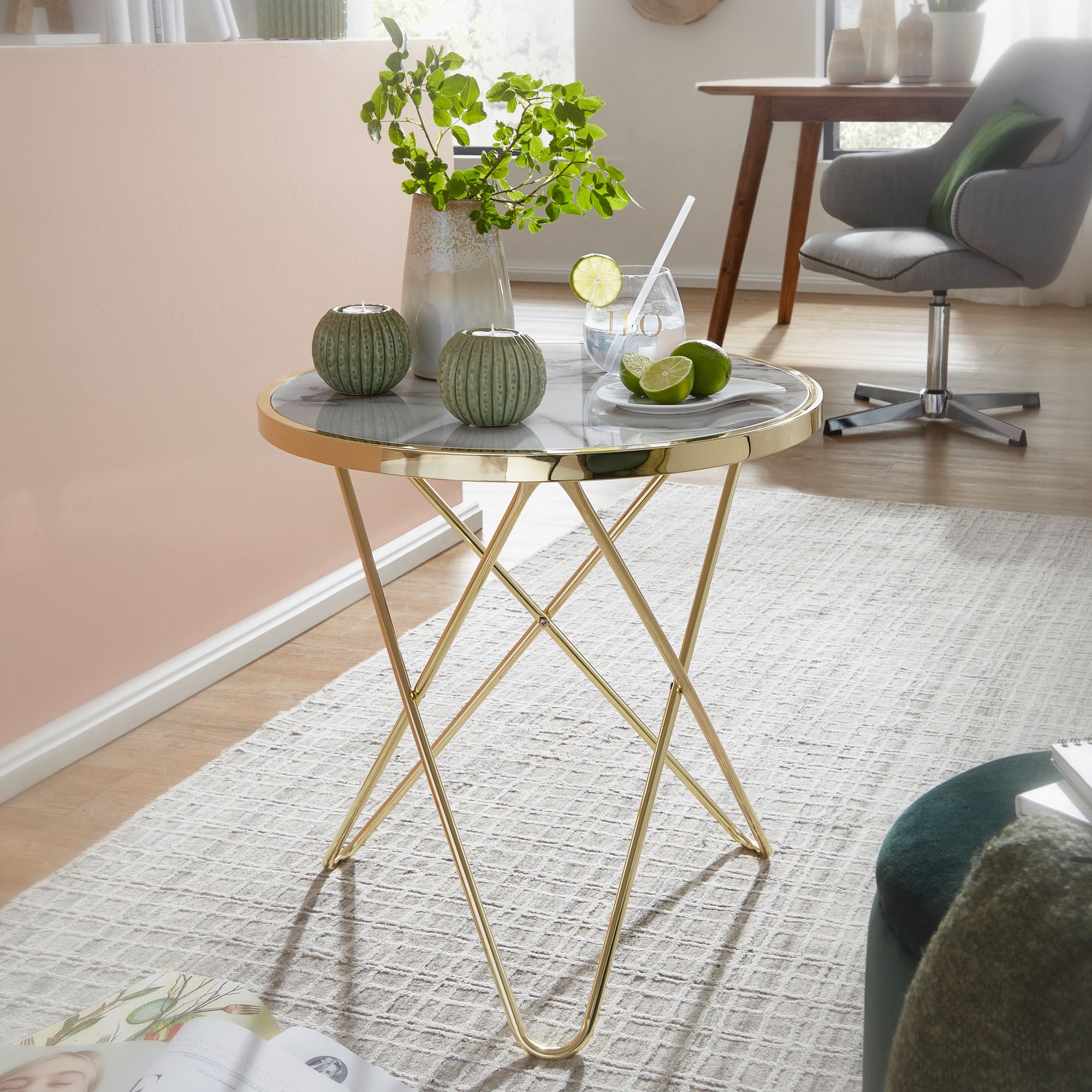 Table d'appoint Nancy's Burara - Table basse - Blanc / Or - Aspect marbre / Acier - Ø 55 x 57 cm