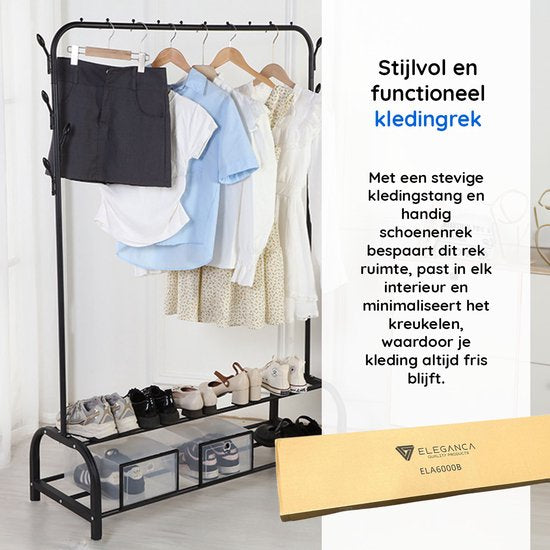 Eleganca Clothes Rack - Clothes Rail with 2 Shelves and 8 Hooks - Wardrobe Rack - Black - Steel - 110 x 40 x 150 cm