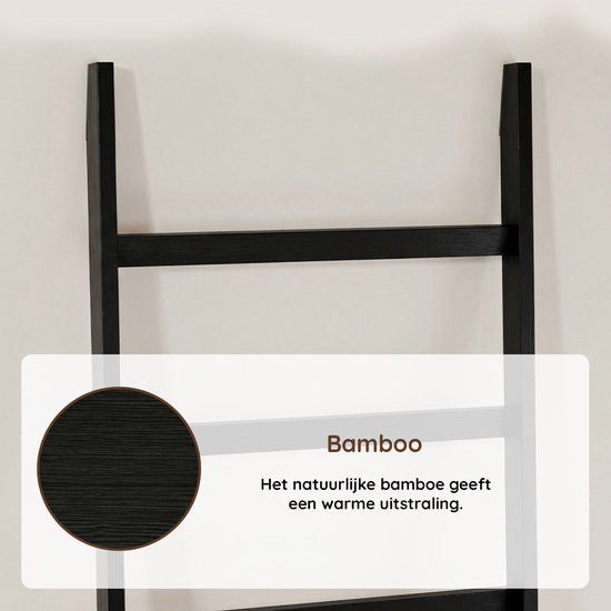 Nancy's Eleganca Handdoekladder - Handdoekrek - Decoratieve Ladder met 5 Ophanghaakjes - Zwart - Bamboe - 60 x 170 cm