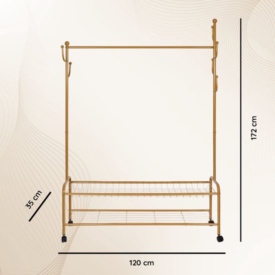 Eleganca Kledingrek - Garderoberek - Kledingstang - Met 6 Ophanghaken - Goud - Staal - 120 x 35 x 172 cm