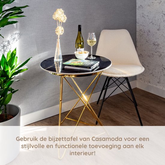 Casamoda Bijzettafel - Salontafel - Gouden Frame - Marmer - Stenen Tafelblad Rond - ± Ø 60 x 60 cm