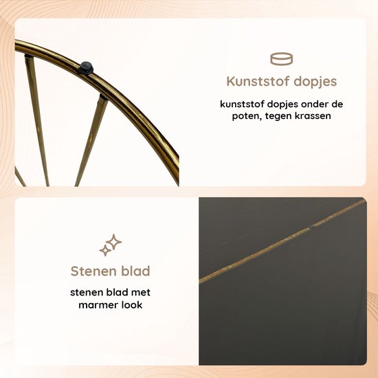 Casamoda Bijzettafel - Salontafel - Gouden Frame - Marmer - Stenen Tafelblad Rond - Zwart - Ø 60 x 70 cm