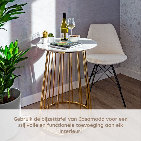 Casamoda Bijzettafel - Salontafel - Gouden Frame - Marmer - Stenen Tafelblad Rond - Wit - Ø 60 x 70 cm