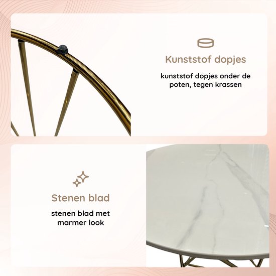 Casamoda Bijzettafel - Salontafel - Gouden Frame - Marmer - Stenen Tafelblad Rond - Wit - ± Ø 60 x 60 cm