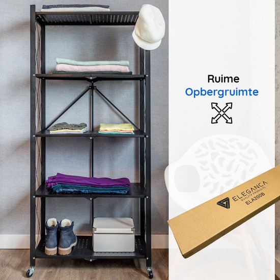 Eleganca Inklapbaar Opbergrek - Opbergkast - Stellingkast - Wandkast - Zwart - Staal - ± 70 x 35 x 160 cm