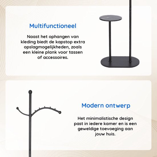 Eleganca Standing Coat Rack with Tray - Standing Coat Rack - Wardrobe Rack with Hanging Hooks - Black - Steel - H180cm