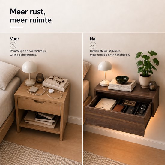 Casamoda Nachtkastje set van 2 - Zwevend nachtkastje met lade - LED-Verlichting - Walnoot - 40 x 35 x 18 cm