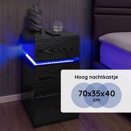 Casamoda Hoog Nachtkastje voor Boxspring - Ladekastje - 3 Lades - Verstelbare RGB LED-Verlichting - Zwart - 40 x 35 x 70 cm