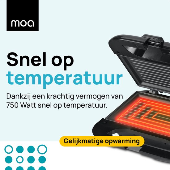 MOA Tosti apparaat - Tosti ijzer - Contactgrill - Sandwichmaker - Anti aanbaklaag - 20 x 22 cm - 750 watt - Zwart