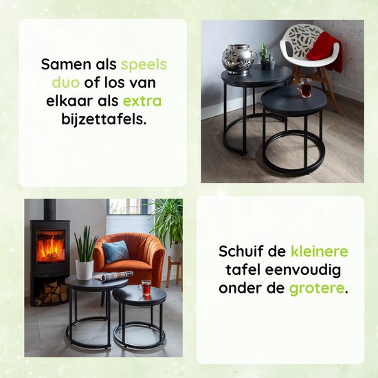 Casamoda Guisande Salontafelset - Salontafels - Bijzettafels - Rond - Zwart - Hout / Staal - ø 43/53 cm