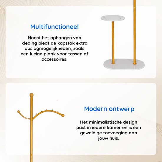 Eleganca Standing Coat Rack with Tray - Standing Coat Rack - Wardrobe Rack with Hanging Hooks - Gold - Steel - H180cm