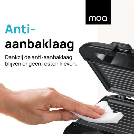 MOA Tosti apparaat - Tosti ijzer - Contactgrill - Sandwichmaker - Anti aanbaklaag - 20 x 22 cm - 750 watt - Zwart