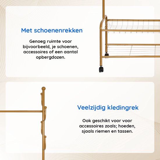 Eleganca Kledingrek - Garderoberek - Kledingstang - Met 6 Ophanghaken - Goud - Staal - 120 x 35 x 172 cm