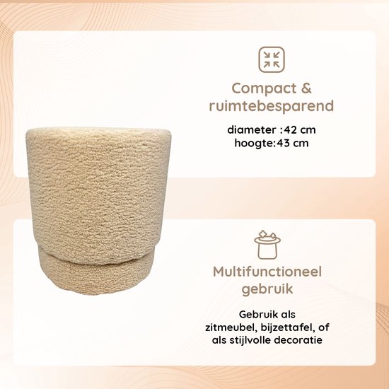 Casamoda Teddy Poef - Krukje - Rond - Beige - Ø 42 x 43 cm