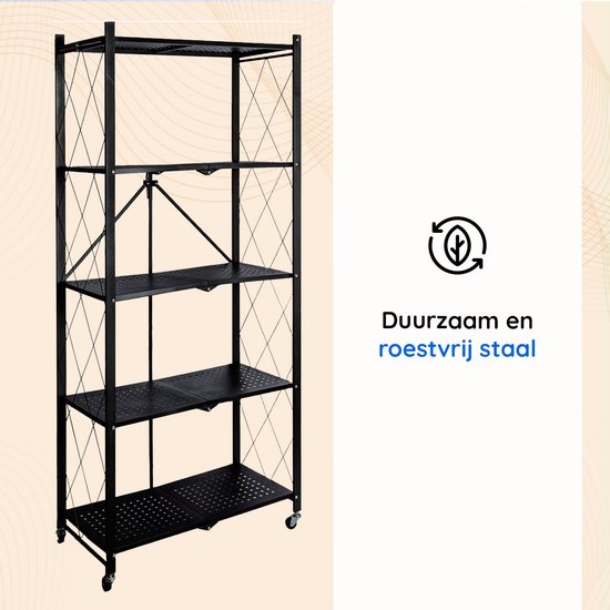 Eleganca Inklapbaar Opbergrek - Opbergkast - Stellingkast - Wandkast - Zwart - Staal - ± 70 x 35 x 160 cm
