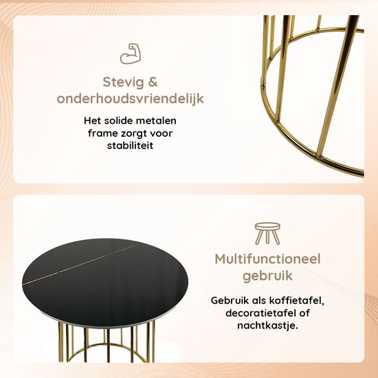 Casamoda Bijzettafel - Salontafel - Gouden Frame - Marmer - Stenen Tafelblad Rond - Zwart - Ø 60 x 70 cm
