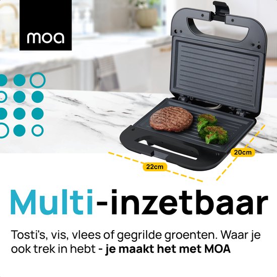 MOA Tosti apparaat - Tosti ijzer - Contactgrill - Sandwichmaker - Anti aanbaklaag - 20 x 22 cm - 750 watt - Zwart