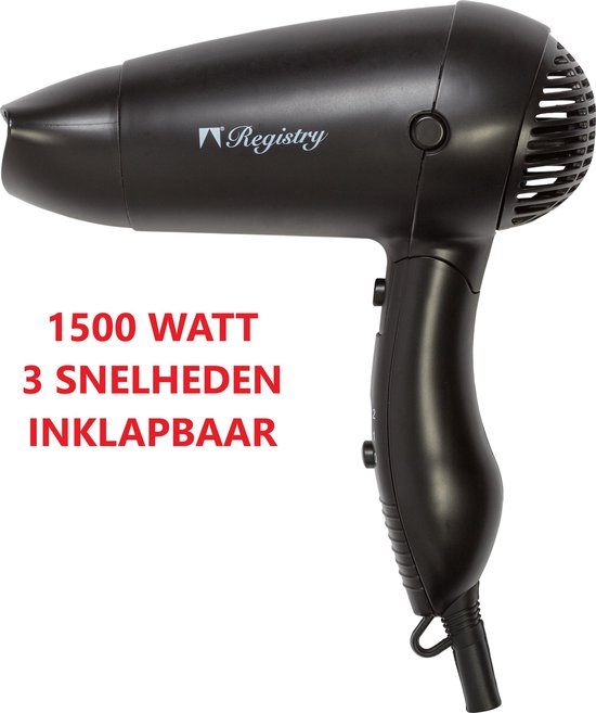 Registry Reisföhn - Inklapbaar - 3 Snelheden - 1500 Watt - Zwart