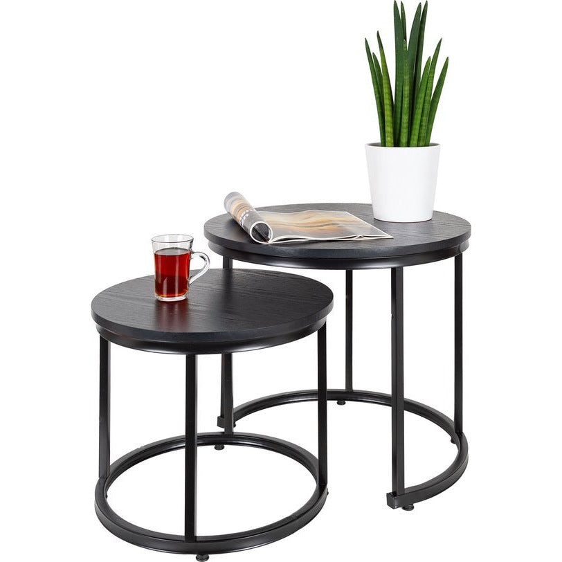 Casamoda Guisande Salontafelset - Salontafels - Bijzettafels - Rond - Zwart - Hout / Staal - ø 43/53 cm