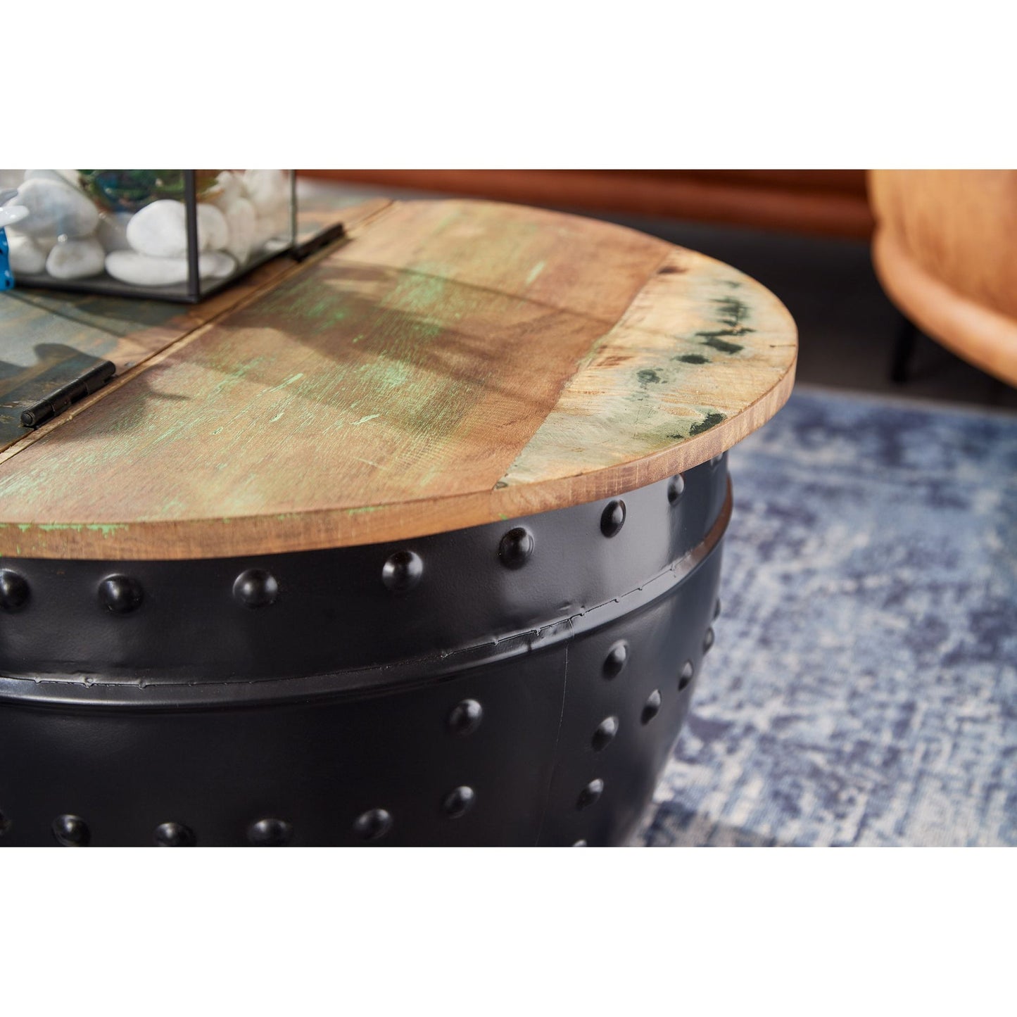 Nancy's Hettinger Salontafel - Koffietafel - Ronde Tafel - Bijzettafel - Opbergruimte - Massief Mangohout - Gerecycled Hout - Zwart - 60 x 60 x 36 cm