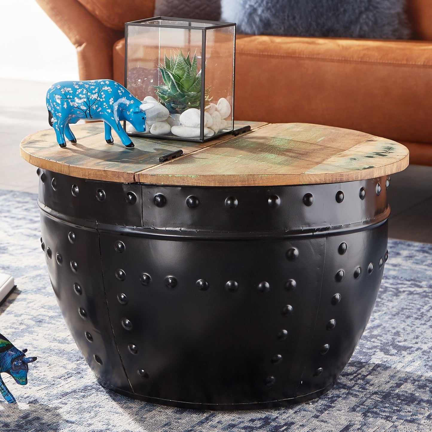 Nancy's Hettinger Salontafel - Koffietafel - Ronde Tafel - Bijzettafel - Opbergruimte - Massief Mangohout - Gerecycled Hout - Zwart - 60 x 60 x 36 cm