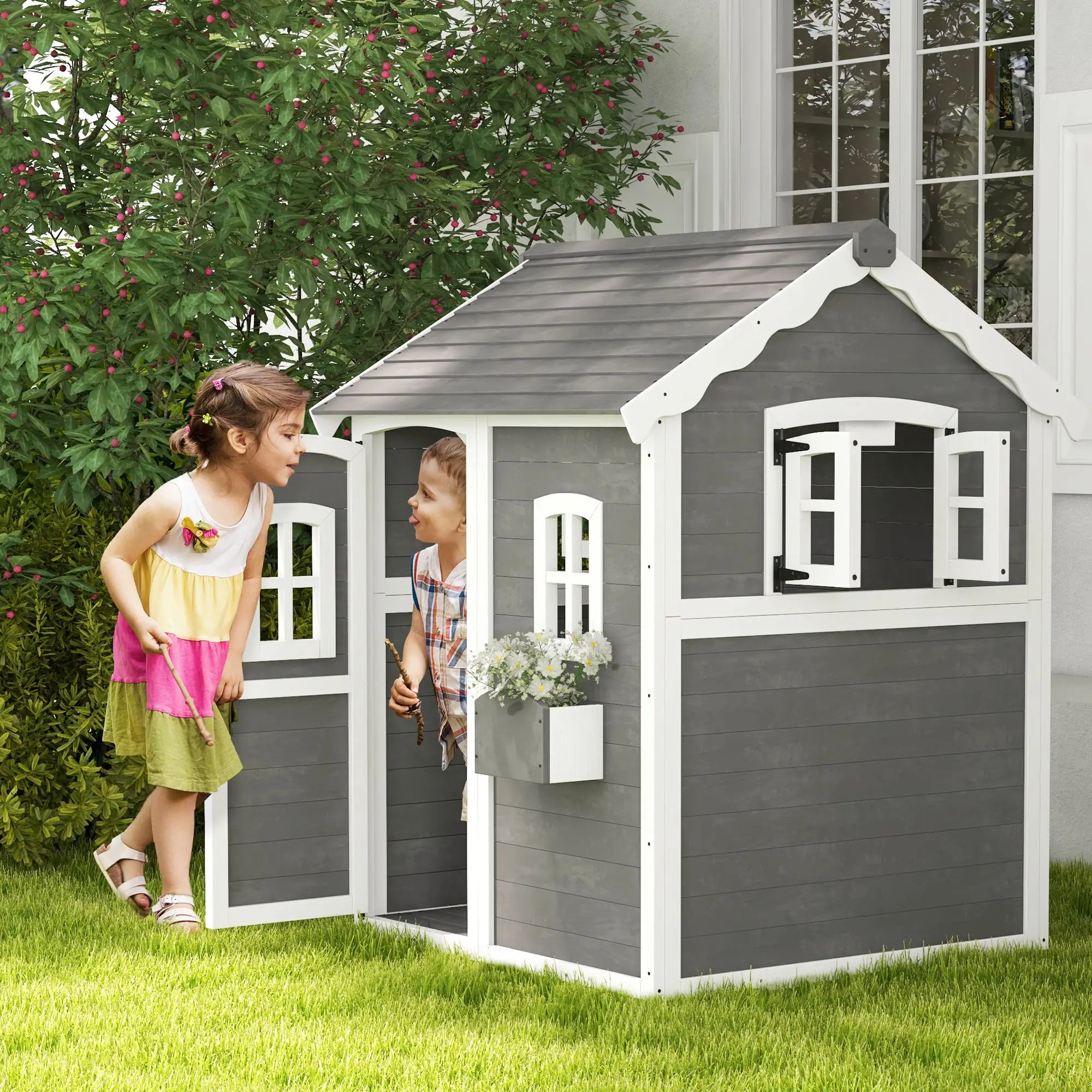 Nancy's Dogliani Speelhuisje - Kinderspeelhuisje - Grijs - Dennenhout - ± 105 x 110 x 140 cm
