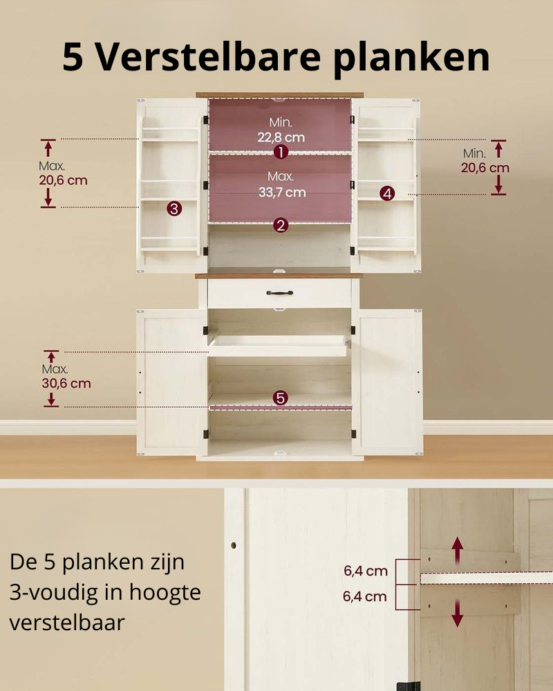 Nancy's Mezzenile Hoge Keukenkast- Voorraadkast - Opbergkat - Vintage Wit - ± 80 x 40 x 180 cm