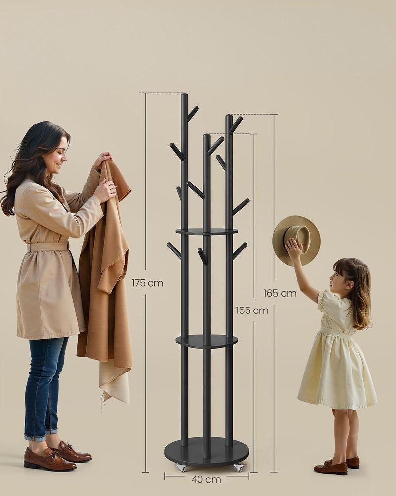 Nancy's Moltrasio Staande Kapstok - Garderoberek - Zwart - Rubberhout - 175 cm Hoog