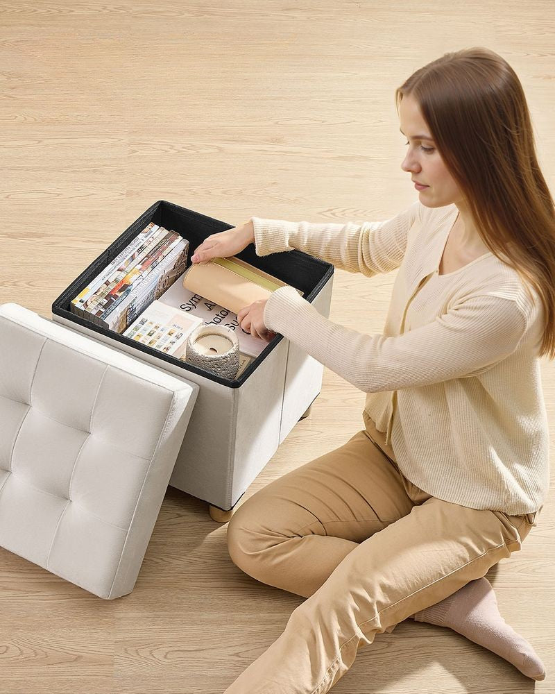 Nancy's Erbezzo Opbergbank - Hocker met opbergruimte - Kruk - Beige - Fluweel - ± 40 x 40 x 40 cm